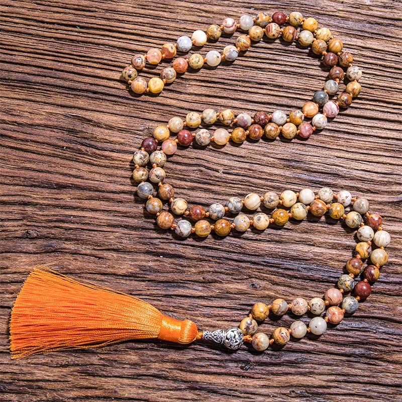 

8mm Natural Crazy Agate Beaded Knotted 108Japa Mala Necklace Meditation Yoga Blessing Jewelry Tibetan Rosary Buddha Head Pendant