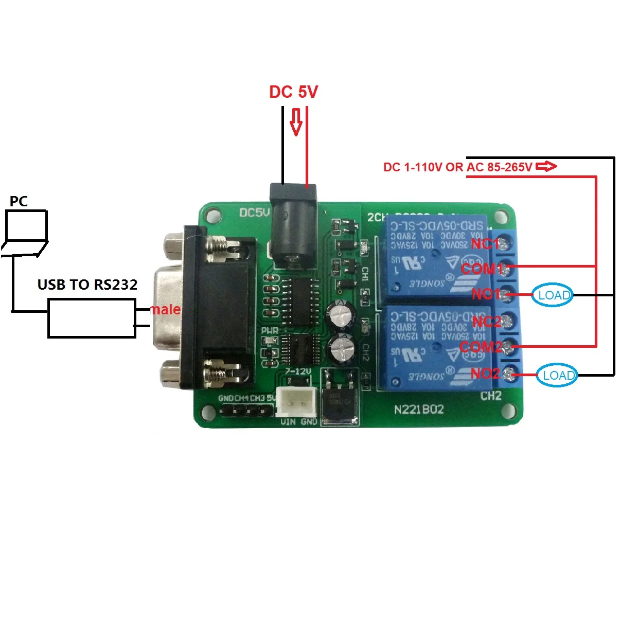 N221B02 2CH Relay Board Remote Control DC 5V 7.5V 9V RS232 USB PC UART COM Serial Ports