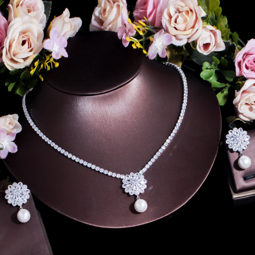 CWWZircons Gorgeous Cubic Zirconia Flower Drop Women Wedding Party Pearl Necklace Earrings Fashion Bridal Jewelry Sets Gift T603