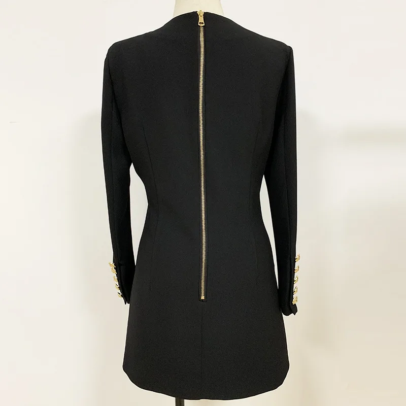 S-XL High Quality 2021 Pure Black V-neck Long Sleeve Three Gold Buttons Slim Fit Wrap Commuter Casual Woman Dress