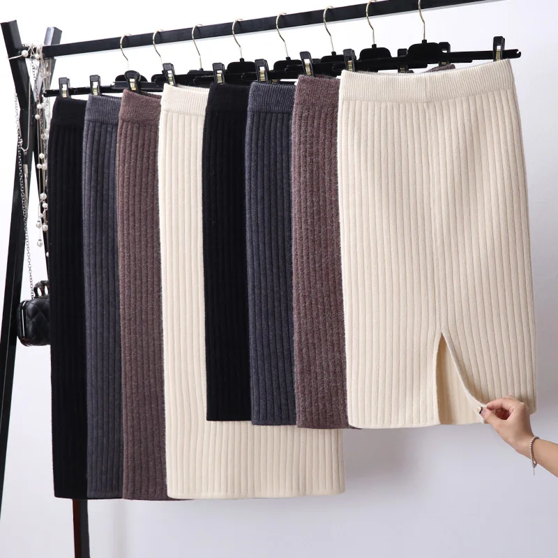 Mid-long Knitted Half-length Skirt Women\'s High waist One-step Skirt Autumn And Winter Hip Skirt Open-forked Elegant Skirts