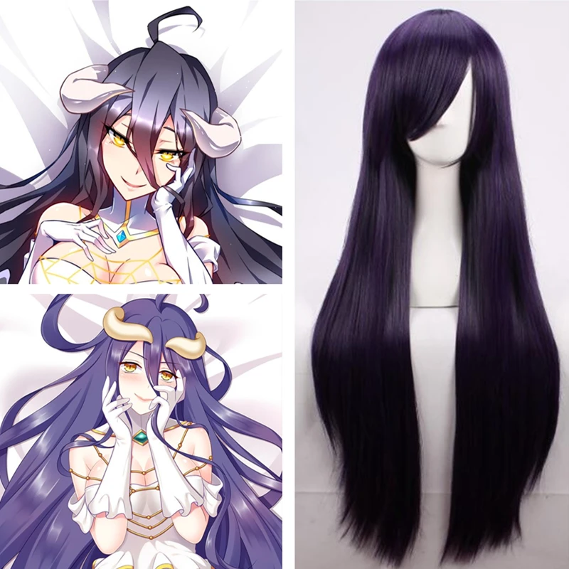 Overlord Albedo Cosplay Prop White OX Horns with Clamp for Women Hair Girl Purple Straight Hairpiece Adult Cosplay Wig