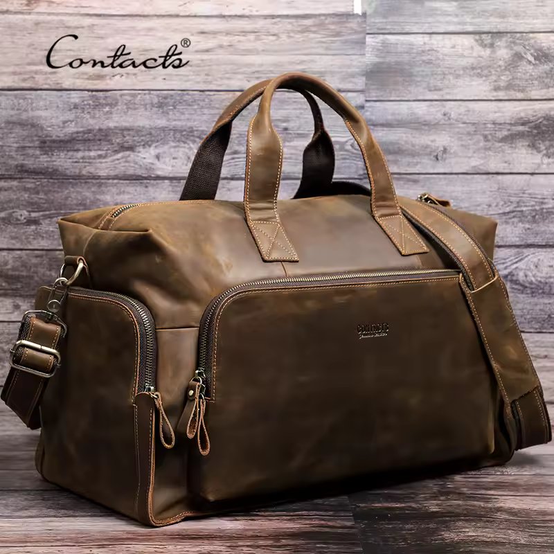 CONTACT'S Vintage Genuine Leather Luggage Bag Men Business Travel Bags For Men Luggage Large Capacity Totes Travel Shoulder Bag