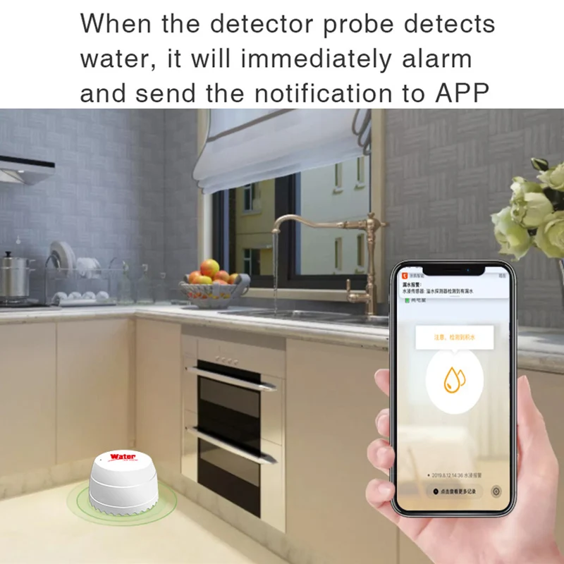 Sensor de agua con WiFi, Detector de fugas, alarma de sonido, alerta de inundación, Control por aplicación de desbordamiento, alarma de seguridad