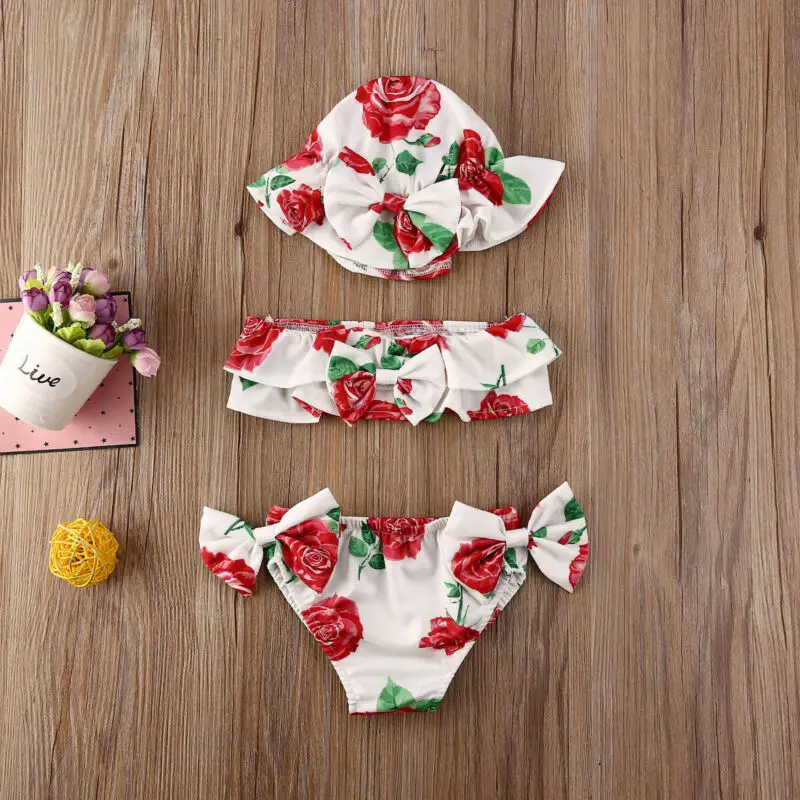 3PCS Newborn Kids Baby Girl Floral Off Shoulder Strapless Tops Swimwear Swimsuit Bikini Bathing Suit With Hat