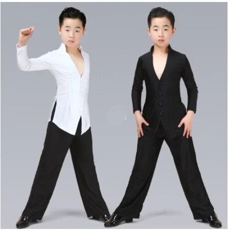 Latin Dance Top Jongens Sexy V-hals Shirt Zwarte Wijde Pijpen Broek Kids Latin Danswedstrijd Kostuums Kinderen Rumba Cha Cha kleding