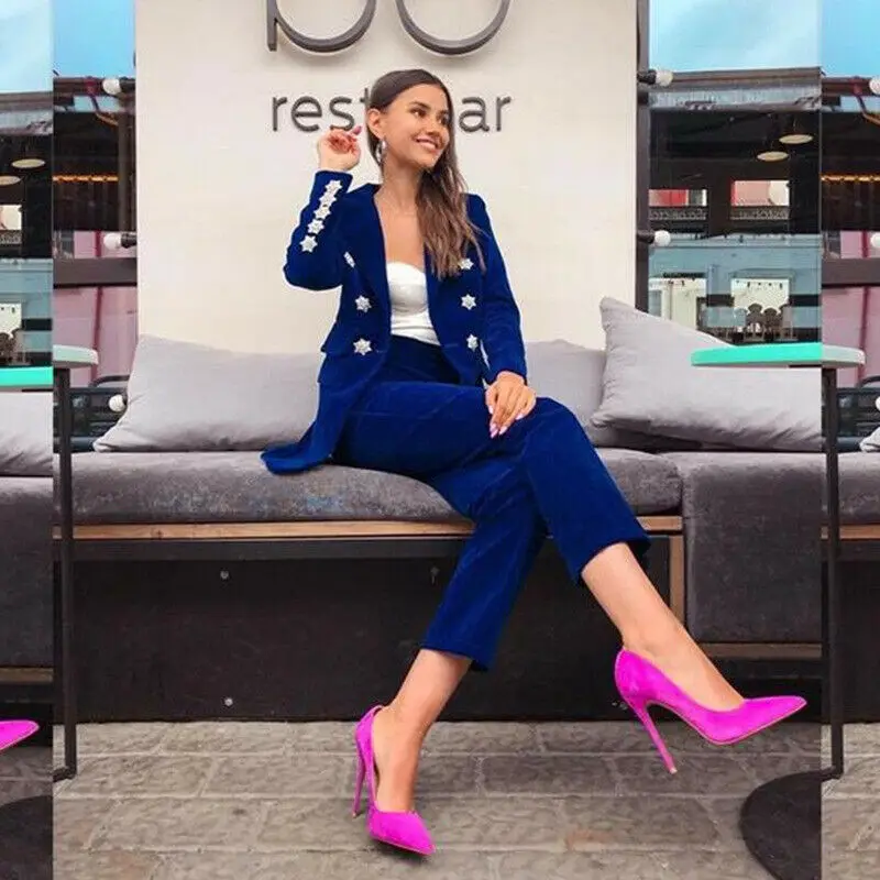 Tesco Royal Blue Velvet Formal Work Suit For Women Slim V Neck Ladies Blazers 2 Piece Fashion Women\'s Pants Sets conjuntos de ca