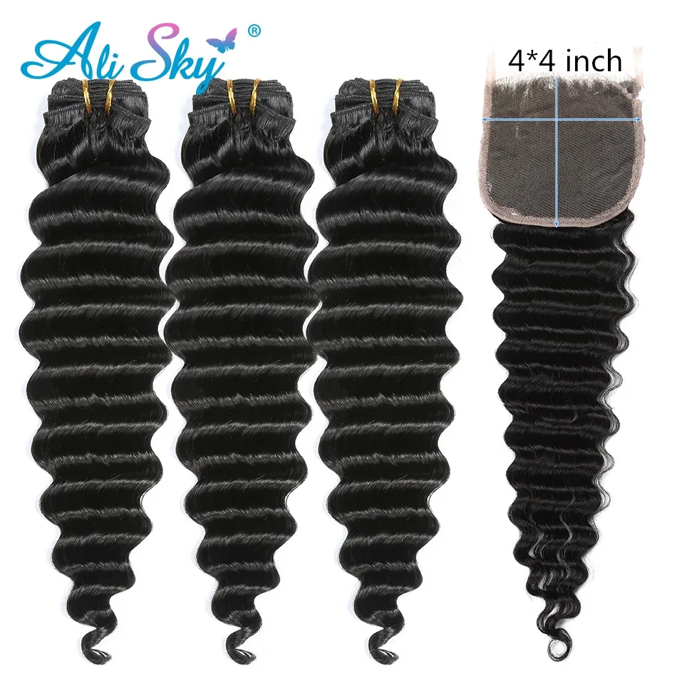 Deep Wave Bundles With Closure Peruvian Hair Bundles With Closure 4x4 Remy Hair Extensions Human Hair Closures Alisky Hair Weave