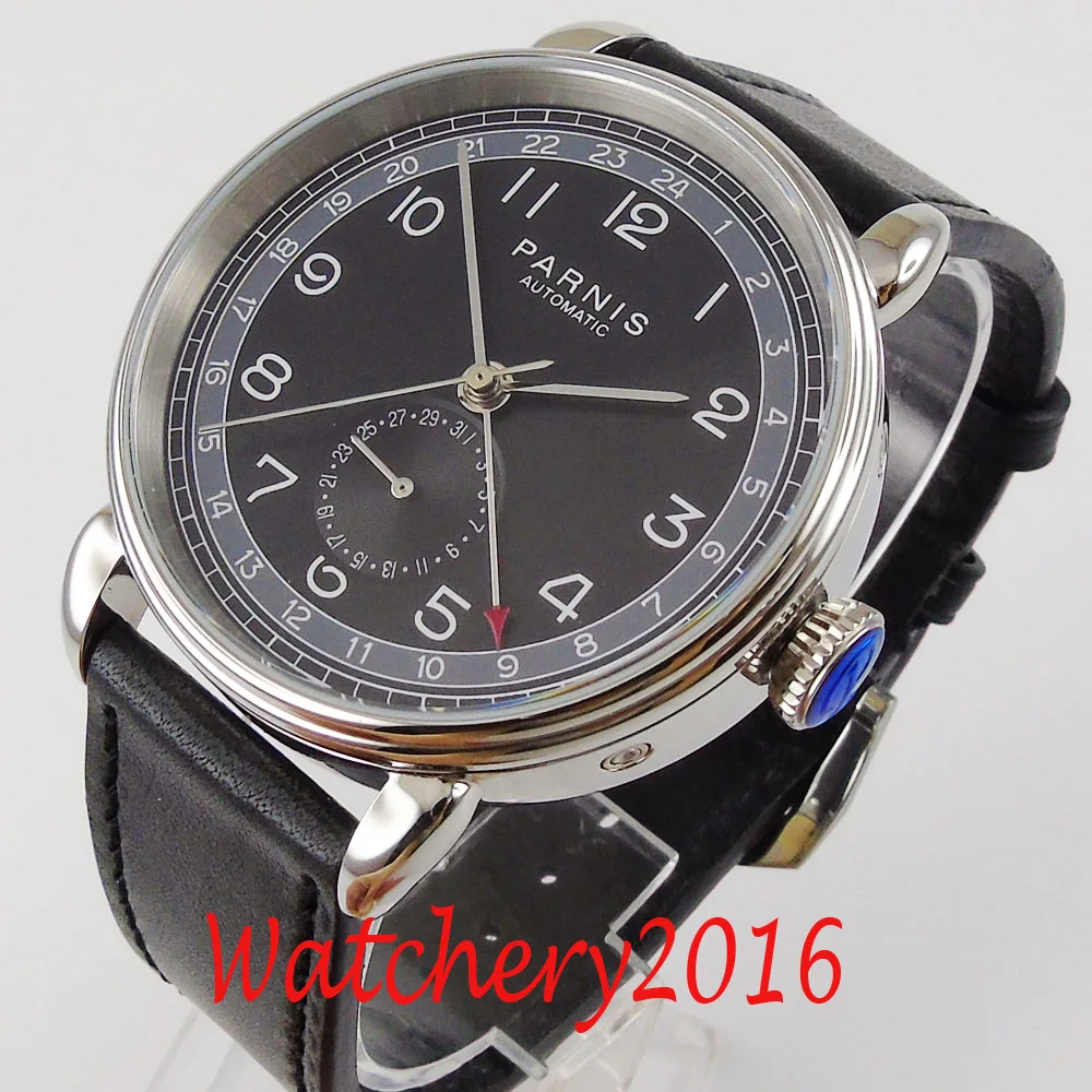 

PARNIS 42mm Black Dial GMT Silver Case Arab Mark Date Window Leather Strap Mens Top Leisure Automatic Mechanical Watch