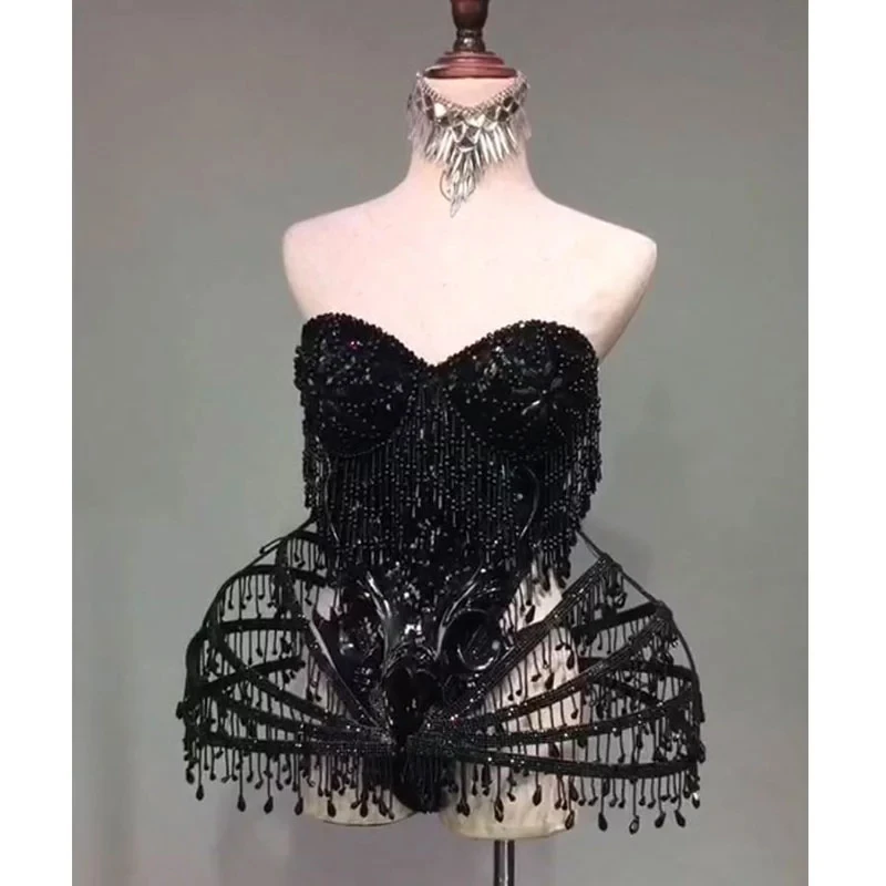 Stage Performance Bling Dresses Black Sexy Crystal beads Bodysuit Dress Dance Wear Nightclub Shining Costume Outfit