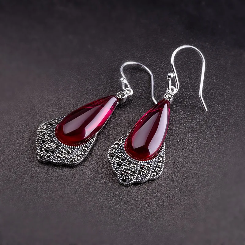 

Uglyless Peacock Tail Water Drop Chalcedony Garnet Jewelry Women Thailand Stylish Marcasite Earrings 925 Silver Brincos Exotic