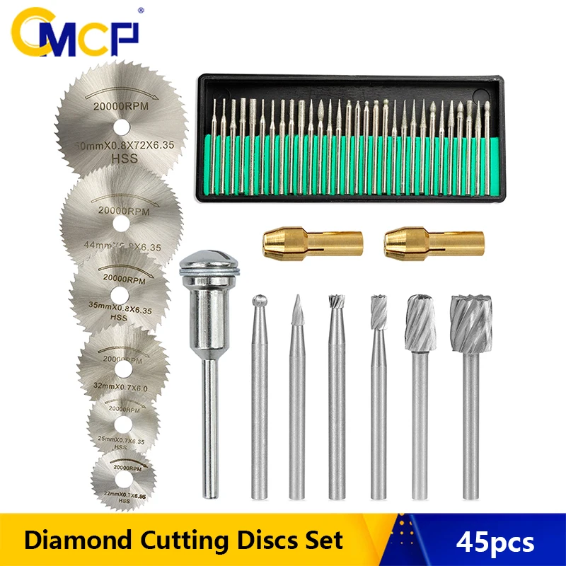 CMCP 45pcs Diamond Engraving Accessories Set HSS Mini Circular Saw Blade Set Routing Bit for Dremel Drill Bit Rotary Accessories