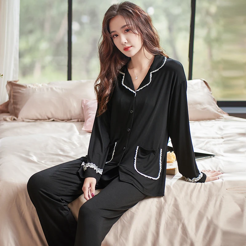 

Women Black Turndown Collar Nightwear Suit Spring Summer Long Sleeve Lace Pajamas Casual Homewear M-XXXL Modal Pijamas Mujer