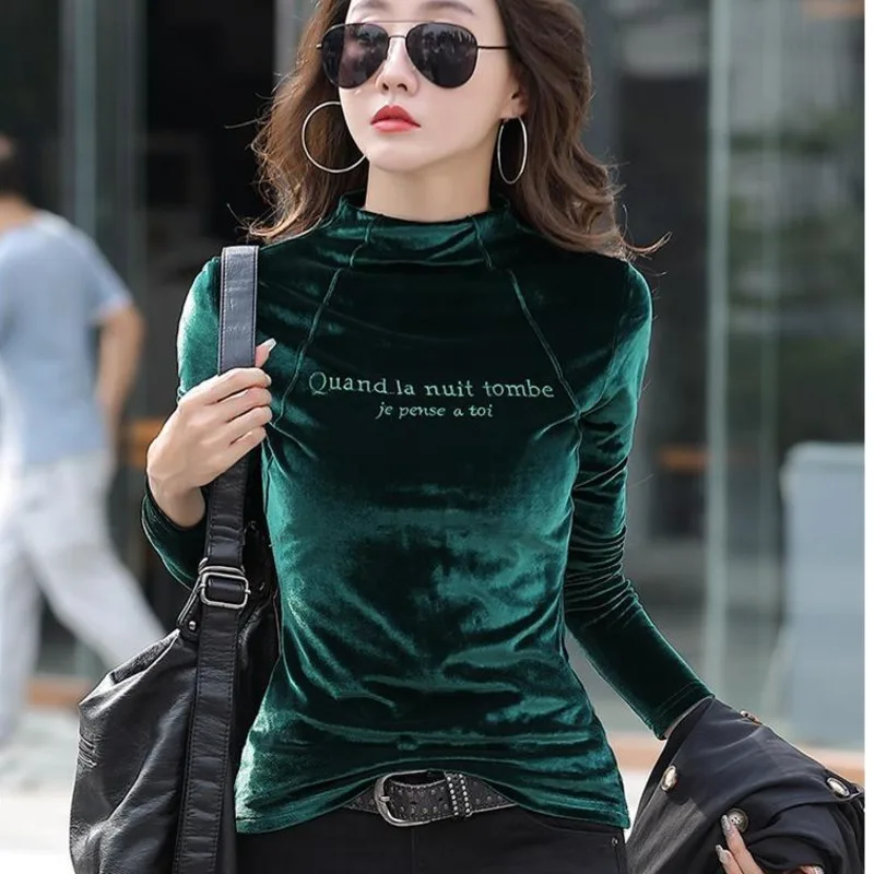 #0321 Autumn Winter Long Sleeve T Shirt Women Pleuche Slim Casual Basic T Shirt Female Embroidery Letter Velvet Solid Color Warm