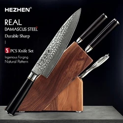 HEZHEN 5PC Knife Set 67 Layer Damascus Steel Chef Santoku Utility With Wodden Knife Holder Walnut Shears