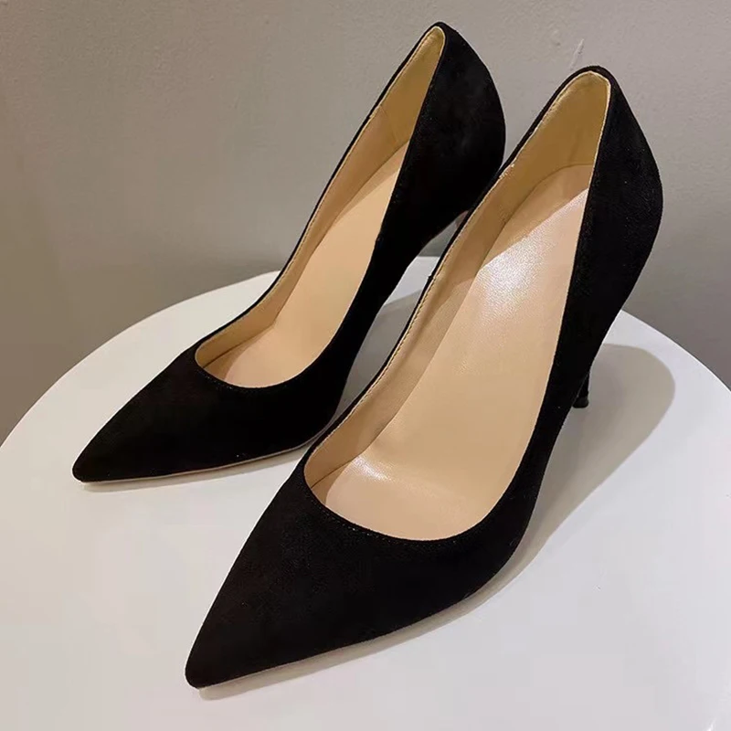 Heelgoo 8cm 10cm 12cm High Heel Women Elegant Black Faux Suede Pointy Toe Stilettos Shoes Classic Pumps Colors Customize Accept