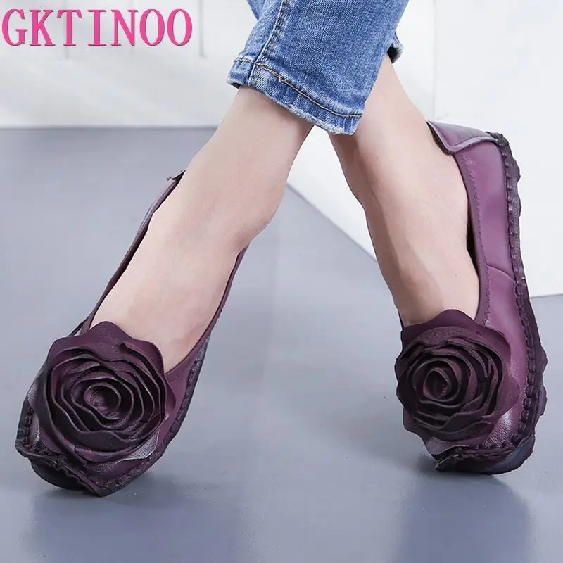 GKTINOO Fashion Flower Design Round Toe Solid Color Flat Shoes Vintage Genuine Leather Women Flats Handmade Women\'s shoes