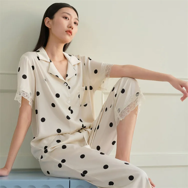 

Summer Ladies Thin Satin Pajamas Set Lace Stitching Polka Dot Printed Loose Pants Home Lounge Wear White Home Pyjama Suit