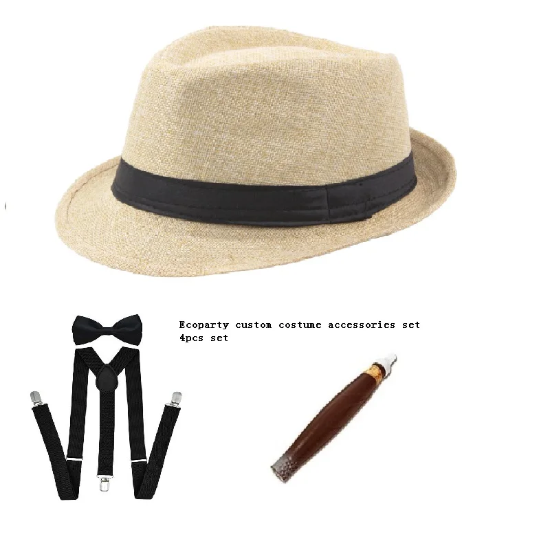 MENS GANGSTER PANAMA HAT TIE CIGAR 1920\'S MAFIA ADULT FANCY DRESS COSTUME