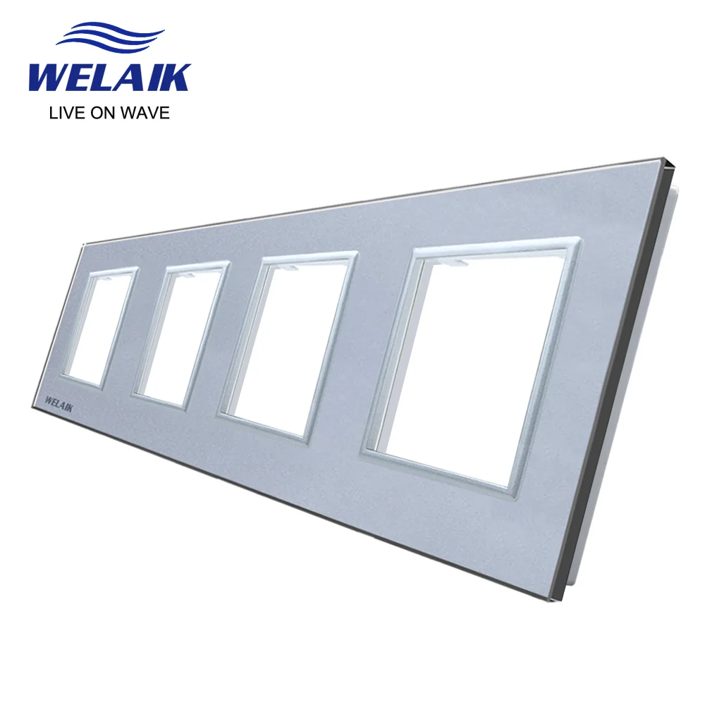 WELAIK  EU 4Frame 293*80mm White Wall Socket Outlet Square Hole Crystal Tempered Glass Panel Only DIY Parts  A48W1