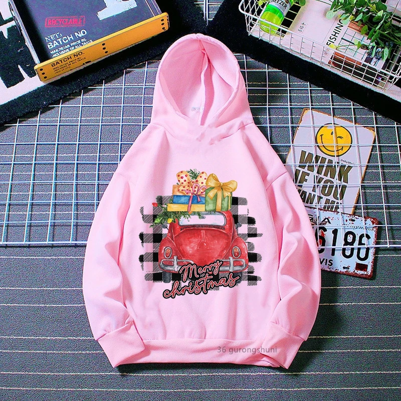

Merry Christmas Car Graphic Print Pink Cap Hoodie Xmas Gift Funny Kids Clothes Girls/Boys Spring/Autumn/Winter Children Hoody