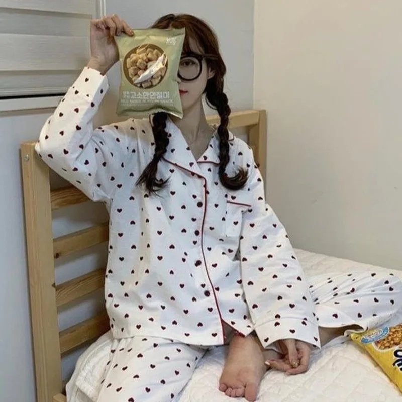 Pajama Sets Spring Autumn Basic Soft Kawaii Print Ulzzang Fashion Ladies Sleepwear College Oversize Popular Femme Homewear Chic