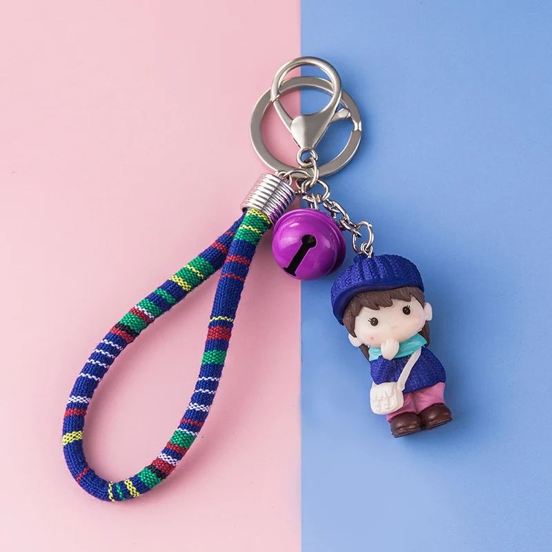 Kawaii Couple Lover Doll Metal Keychain Bell Trinket Girl Boy Pendant Bag Car Key Ring Jewelry Braided Lanyard Accessory Gift