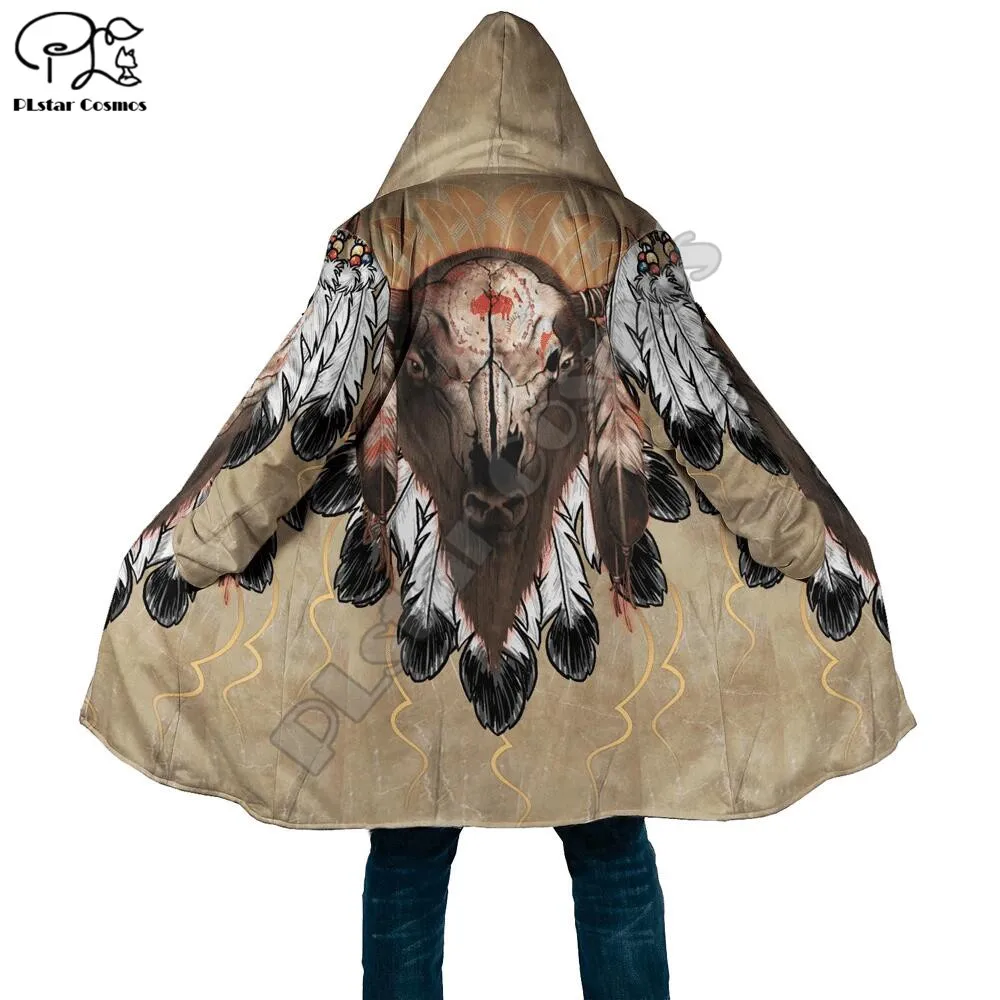 

PLstar Cosmos Aborigine Style Buffalo 3D Print Winter Men/Women Hooded Cloaks Fleece Wind Breaker Unisex Casual Warm Overcoat B1