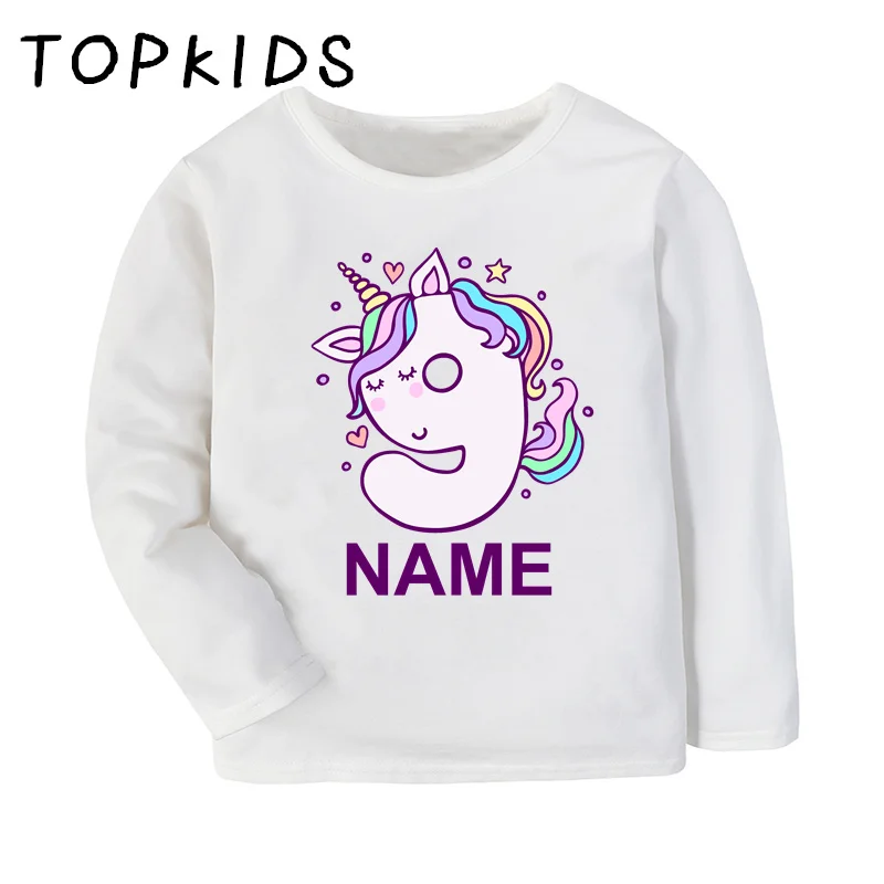 Customized Name Girls T shirt Unicorn 1 2 3 4 5 6 7 8 9 10 Years Birthday Kids Clothes Kawaii Baby Long Sleeve Children T-shirt