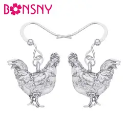 Bonsny Alloy Metal Antique Sliver Plated Chicken Hen Earrings Lovely Animal Dangle Drop Jewelry For Girls Kid Teen Birthday Gift