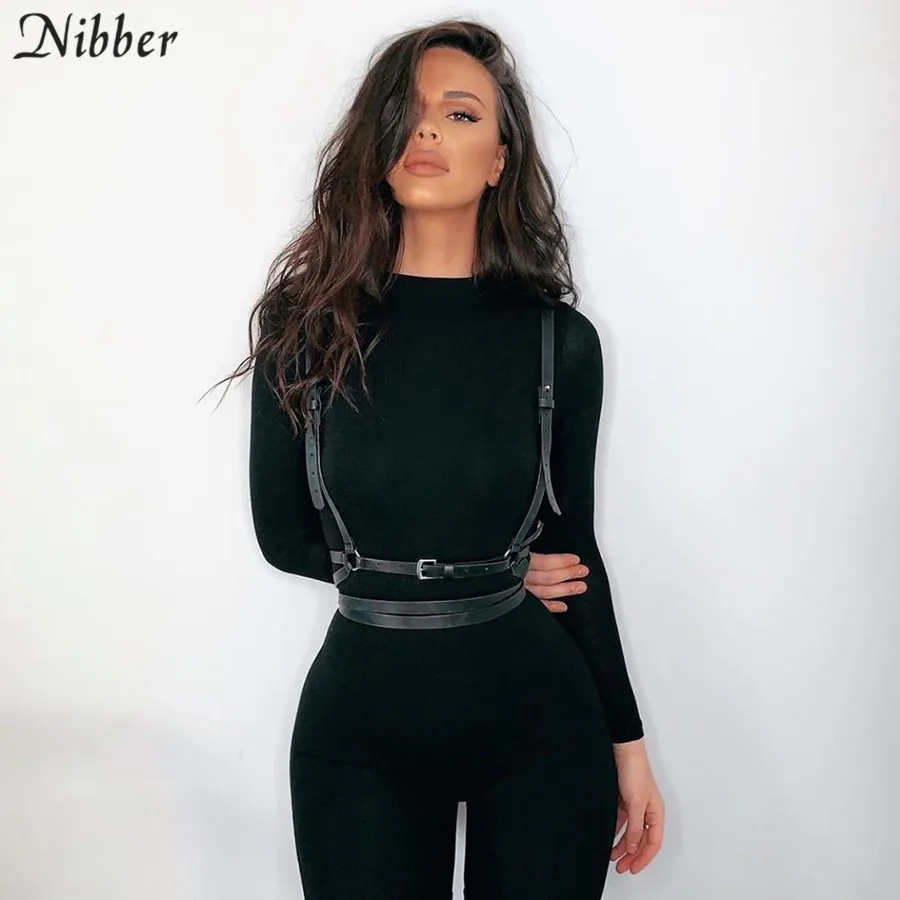 Nibber female simple bodycon solid color long-sleeve overalls for women leisure streetwear pure jumpsuit workout jogging romper