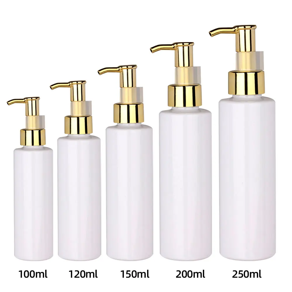 15Pcs Weiß Kunststoff Pet Lotion Flasche Mit Goldenen Presse Pumpe Kosmetische Shampoo Und Bad Lieferungen Nachfüllbar Container 100/250ml