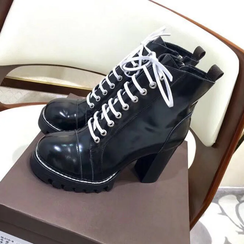

High Heels Ankle Boots For Women Genuine Leather Boots Women Winter Botas Mujer Retro Lace Up Botas Feminina Zapatos De Mujer