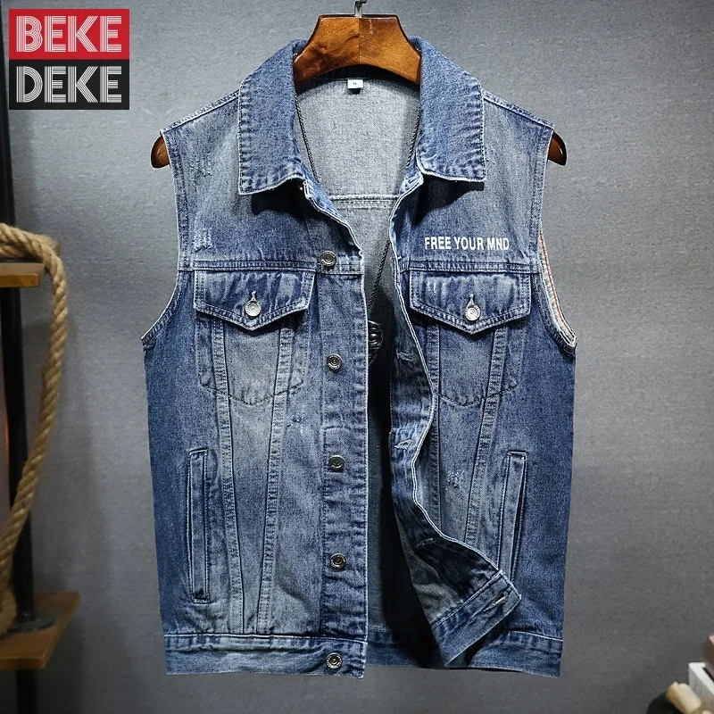 

Denim Mens Vest Spring Thin Section Single Breasted Sleeveless Casual Waistcoat Letter Printing Streetwear Pockets Cargo Vests