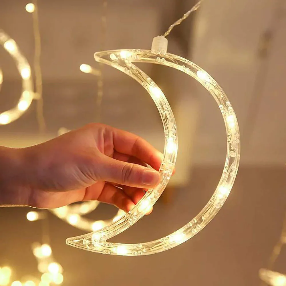 Imagem -04 - Estrela Lua Cortina Led String Luz Natal Ramadan Guirlanda Luz Romântico Luzes do Feriado para a Decoração da Festa de Casamento 3.5m 138leds