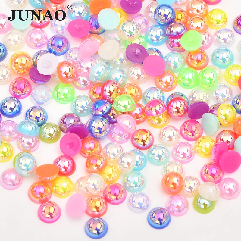 JUNAO 2 4 6 8 10 12 14mm Black Pearl Beads Crystal AB Rhinestones Appliques Half Round Strass Scrapbook Beads for Clothes Crafts