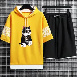 Streetwear Men's Sets Korean Men Clothing Print Hooded Short Sleeve T Shirts+Casual Elastic Waist Shorts Fashion Tracksuit Men