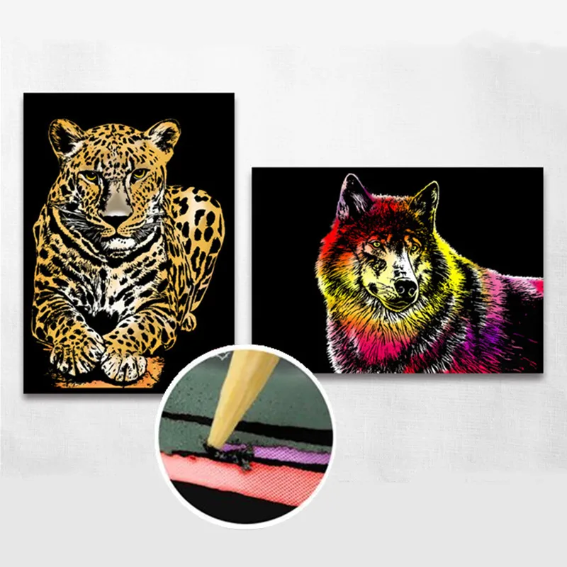 21*29cm 4PC Animal Night Scene Scratch Paintings Card Lion Wolf Cat Kids decompression Handmade DIY Gifts Creative Drawing Toys