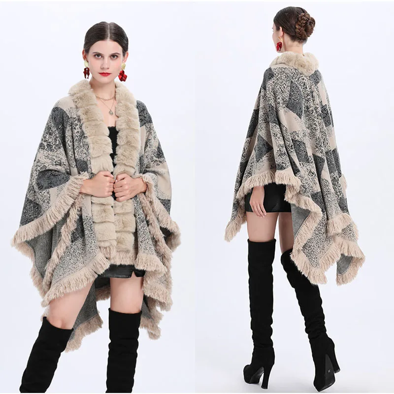 Fashion Bamboo Joint Faux Rabbit Fur Cape Coat Winter Women Knit Leopard Flowers Tassels Cardigan Cloak Irregular Long Wraps