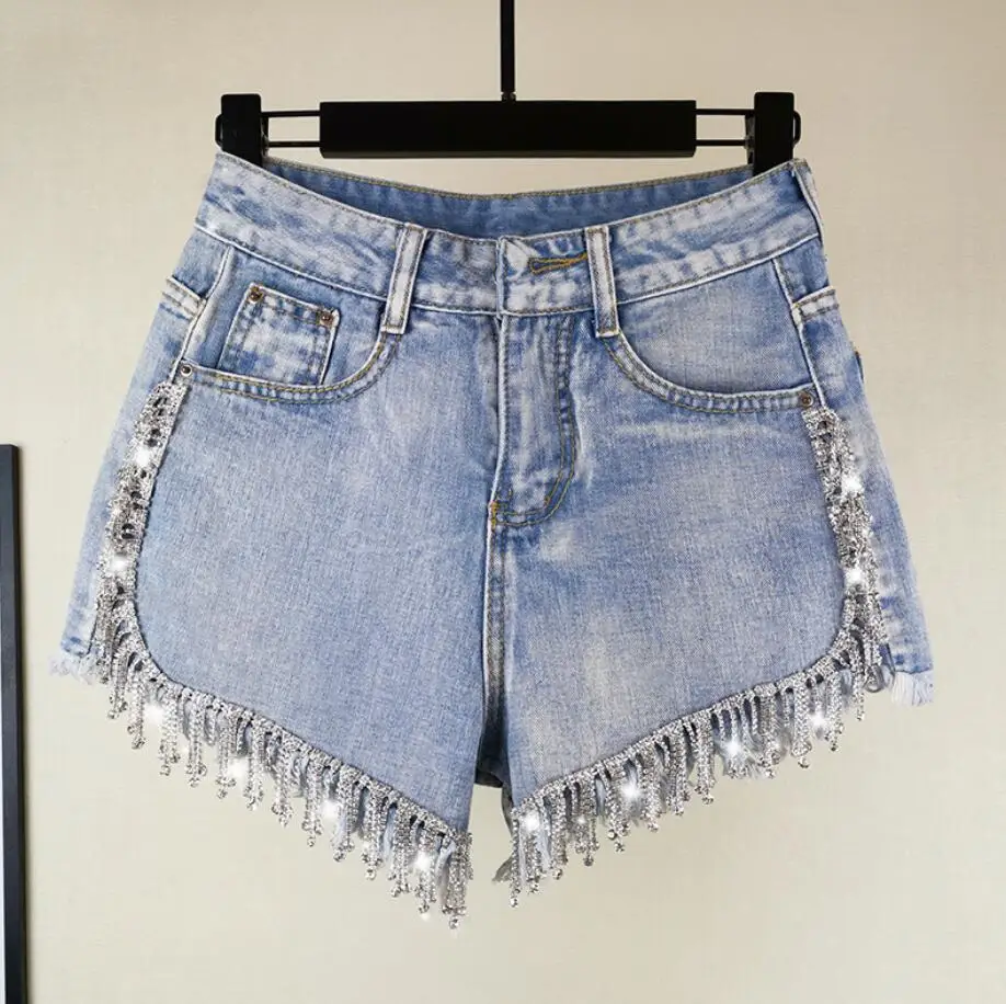 2022 summer new Korean was thin wide leg shorts heavy industry rhinestone tassel high waist denim shorts q566