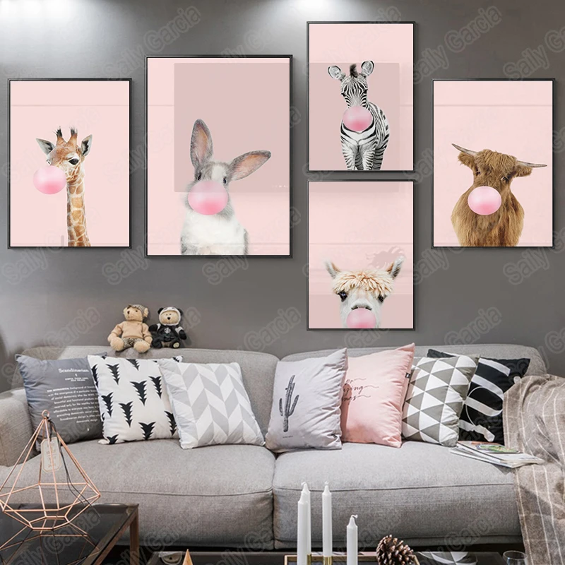 Home Decoration Wall Art Canvas Prints Painting Animal Giraffe Bubble Gum Pictures Nordic Modular Modern HD Poster For Bedroom