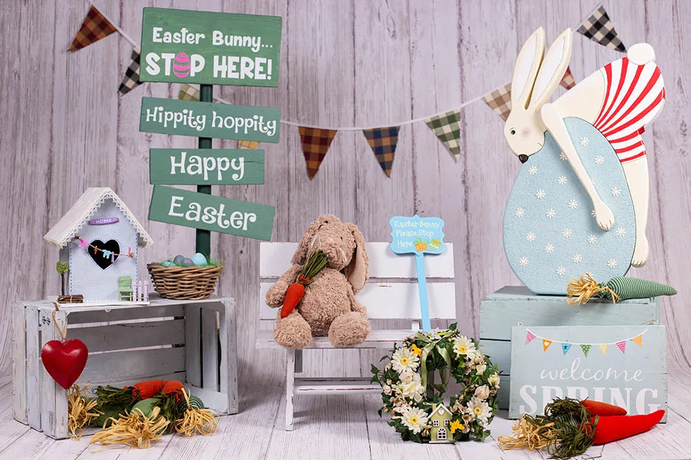 7x5FT  Happy Easter Party Color Eggs Carrots Flowers Mushrooms Bunny Custom Photo Studio Backdrop Background Vinyl 220cm X 150cm