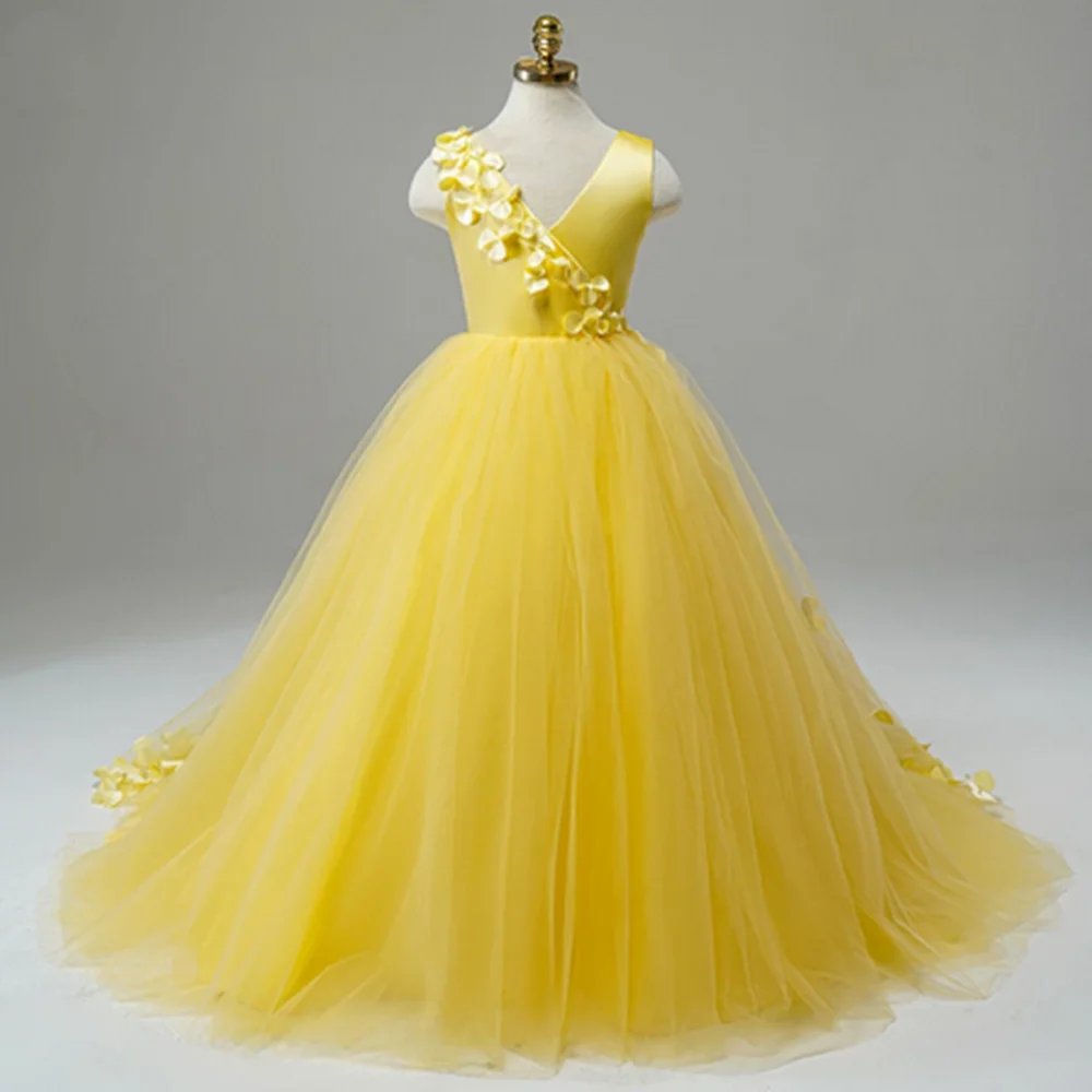 Tulle Yellow Puffy Flower Girl Dress Cute Girl Birthday Dress Shiny Girl Wedding Party Dress Girls Dress First Communion Dress