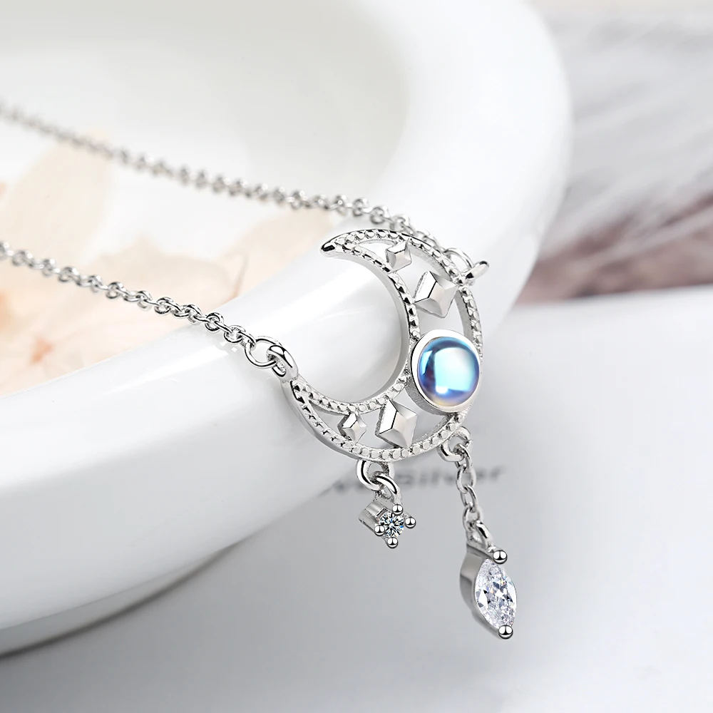 

Sweet 925 Sterling Silver Moonstone Star Moon Tassel Necklaces For Women Choker Collares Colar De Prata Wedding Jewelry Jfja