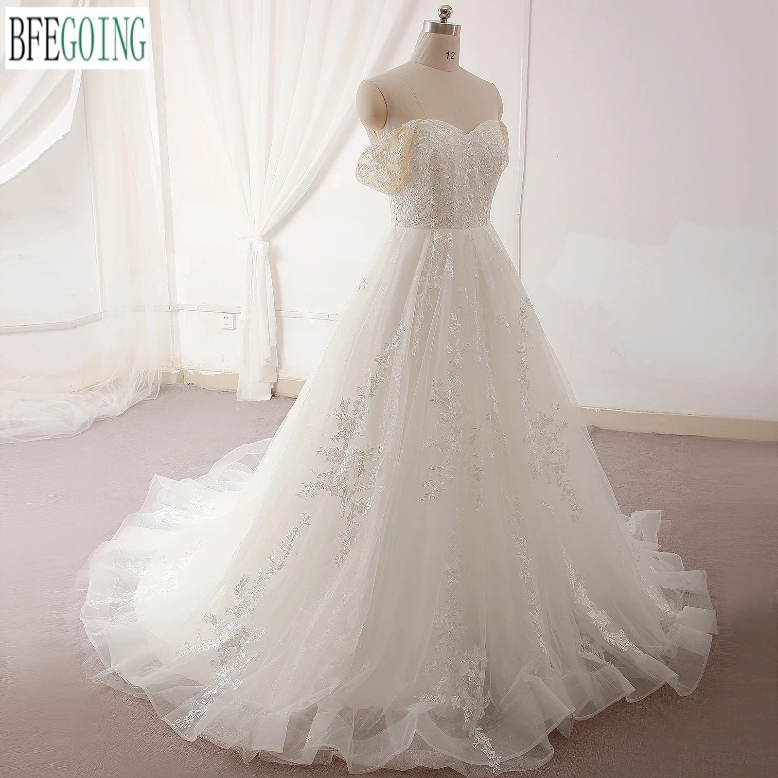 Ivory Lace Appliques Tulle Sweetheart Floor-Length A-Line Wedding Dresses  Chapel Train  Customized Bridal Gowns