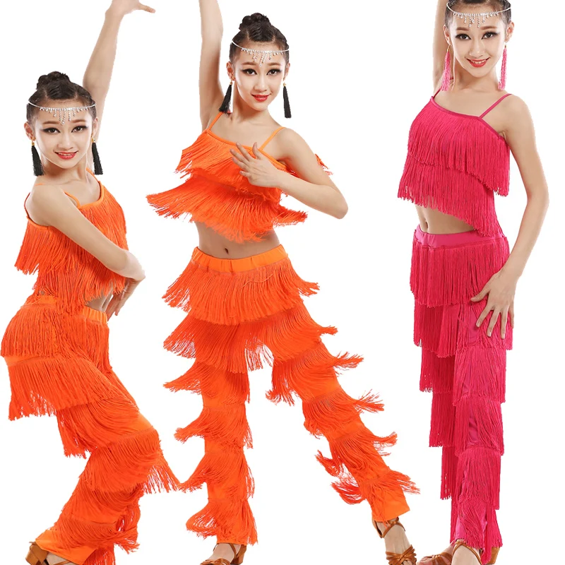 Tassel latin dance dress for girls latin salsa children ballroom skirts dresses samba tango cha cha kids Velvet fringe costume