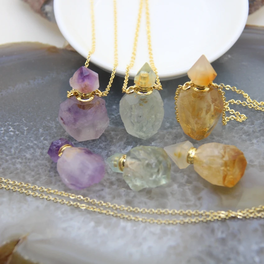 Raw Amethysts/Citrines Perfume Bottle Pendant Necklace,Natural Green Crystal Gems stone Essential Oil Diffuser Vial Charms Chain