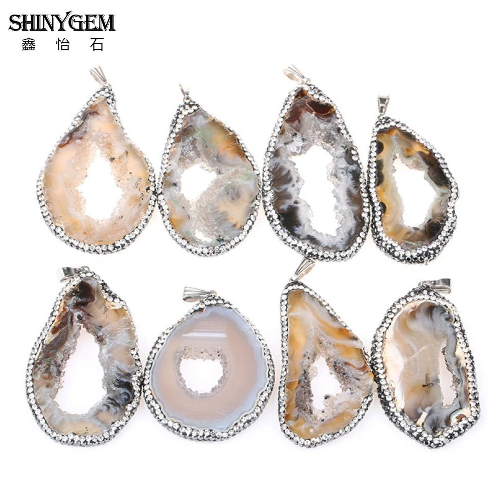 

ShinyGem Random 20-40mm Natural Agate Slices Pendent Brazil Geode Crystal Micro Inlay Rhinestone For DIY Jewelry Making Necklace