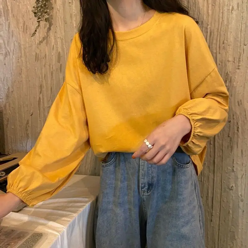 Solid Long Sleeve T-shirts Women Basic Tops Lantern-sleeve Baggy Tshirts O-neck Preppy Style Casual Candy Colors Korean Fashion