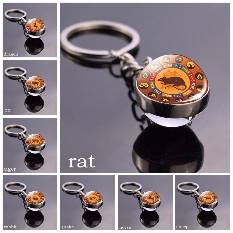 12 Zodiac Sign Glass Ball Key Chain Rat Ox Dragon Pendant Jewelry Fashion Constellation Keychain Keyring Friendship Best Gifts